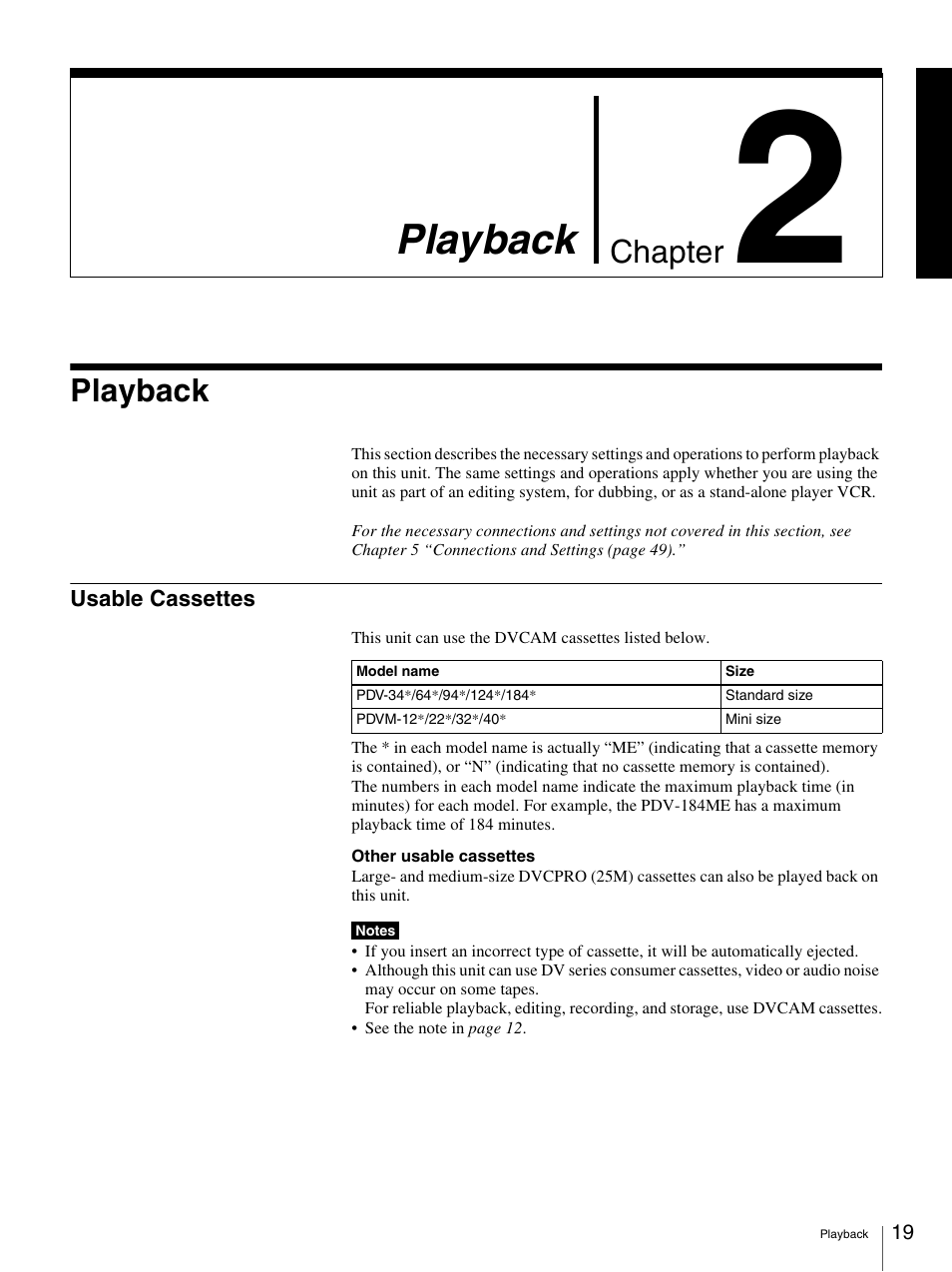 Chapter 2 playback, Playback, Usable cassettes | Chapter | Sony 3-869-574-12(1) User Manual | Page 19 / 73