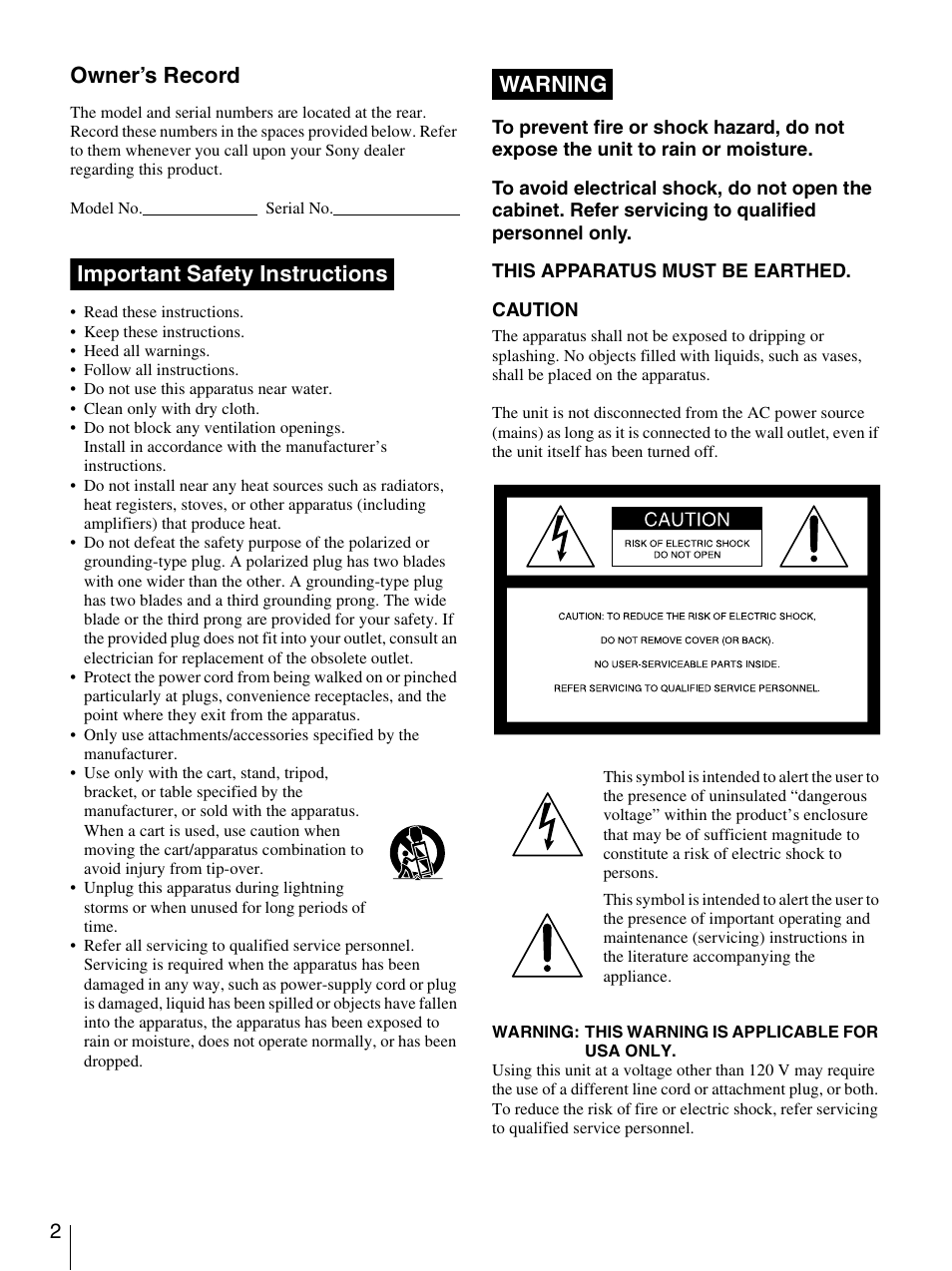 Owner’s record, Important safety instructions, Warning | Sony 3-869-574-12(1) User Manual | Page 2 / 73