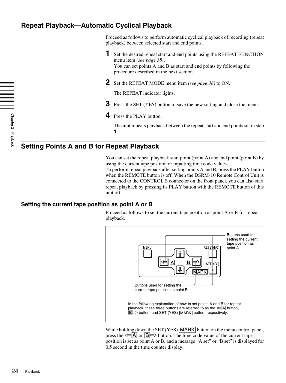 Repeat playback—automatic cyclical playback, Setting points a and b for repeat playback, Setting the current tape position as point a or b | Sony 3-869-574-12(1) User Manual | Page 24 / 73