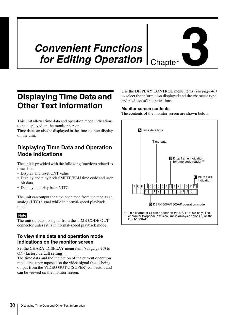 Displaying time data and other text information, Convenient functions for editing operation, Chapter | Sony 3-869-574-12(1) User Manual | Page 30 / 73