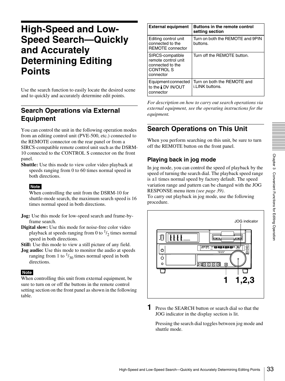 Search operations via external equipment, Search operations on this unit, High-speed and low-speed search—quickly and | Playing back in jog mode | Sony 3-869-574-12(1) User Manual | Page 33 / 73