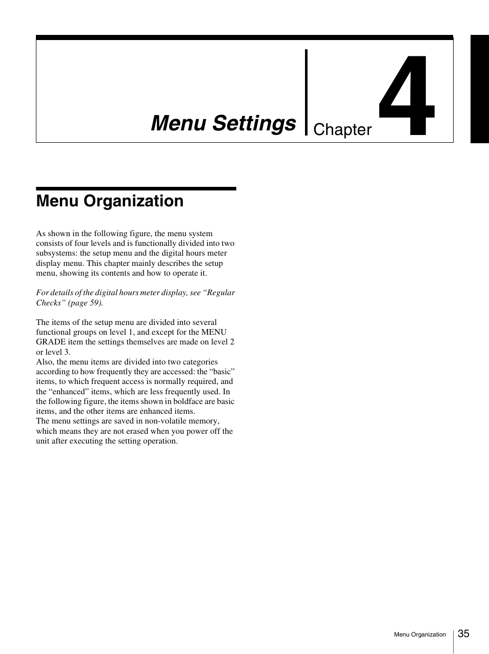Chapter 4 menu settings, Menu organization | Sony 3-869-574-12(1) User Manual | Page 35 / 73