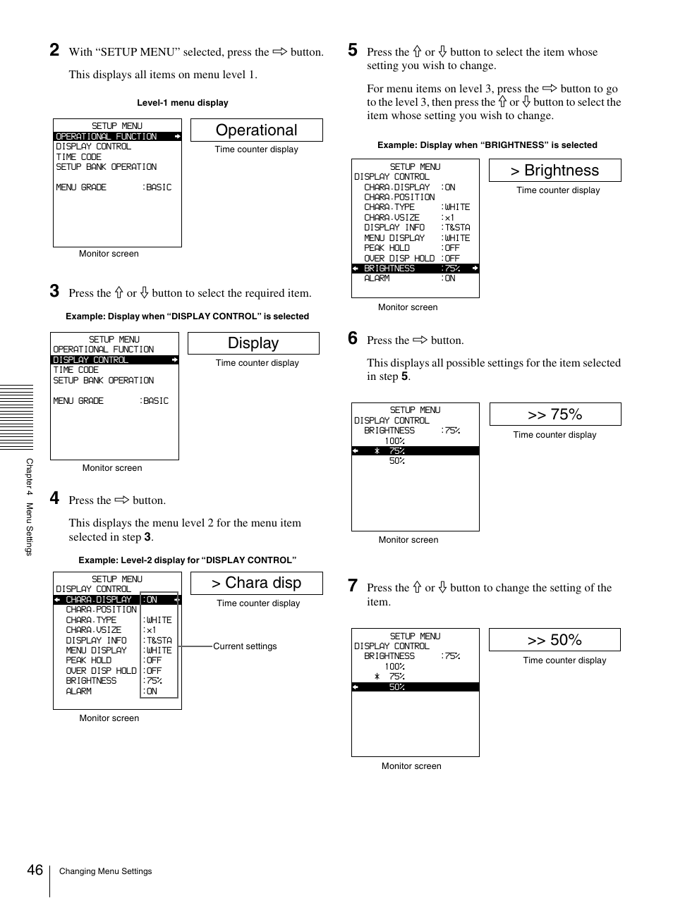 Operational, Display, Chara disp | Brightness | Sony 3-869-574-12(1) User Manual | Page 46 / 73