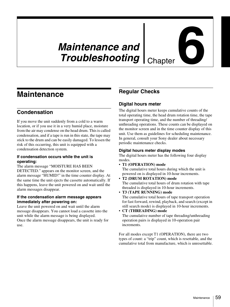 Chapter 6 maintenance and troubleshooting, Maintenance, Condensation | Regular checks, Maintenance and troubleshooting | Sony 3-869-574-12(1) User Manual | Page 59 / 73
