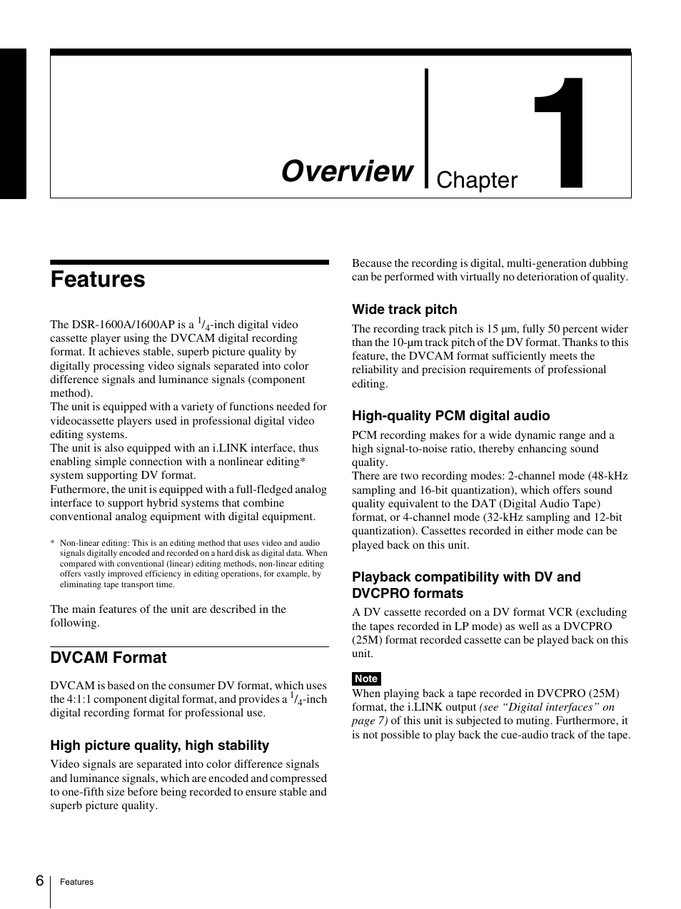 Chapter 1 overview, Features, Dvcam format | Overview, Chapter | Sony 3-869-574-12(1) User Manual | Page 6 / 73