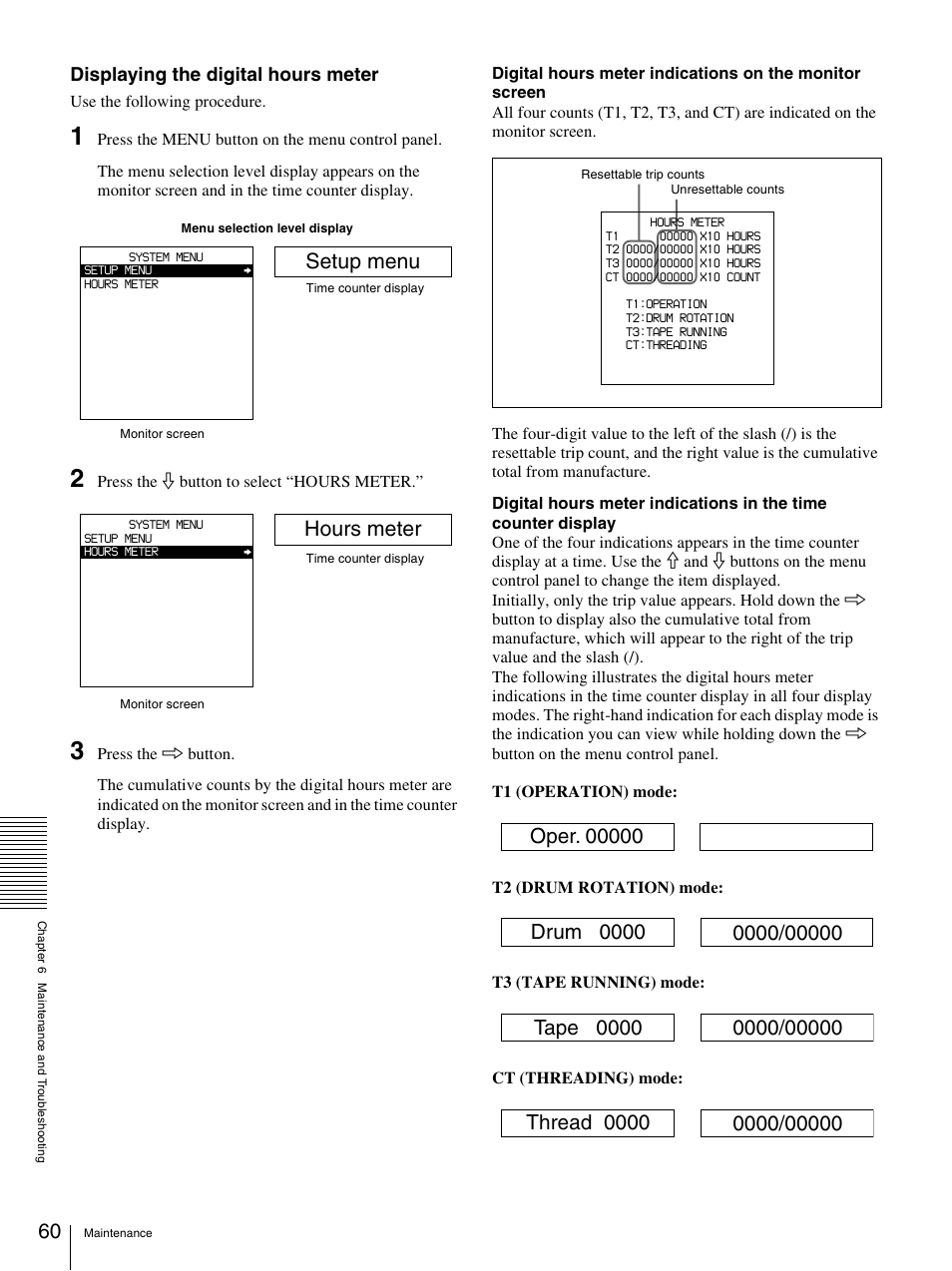 Setup menu, Hours meter, Displaying the digital hours meter | Sony 3-869-574-12(1) User Manual | Page 60 / 73
