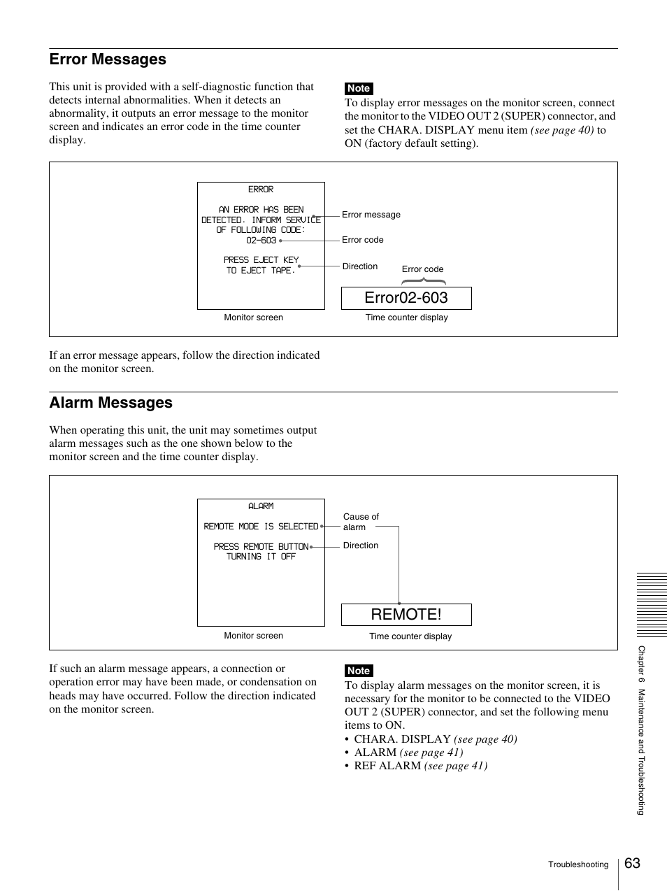 Error messages, Alarm messages, Remote | Sony 3-869-574-12(1) User Manual | Page 63 / 73