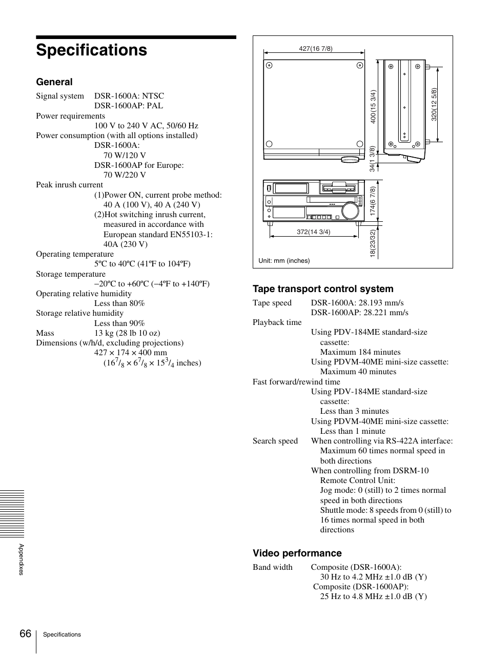 Specifications, General, Tape transport control system | Video performance | Sony 3-869-574-12(1) User Manual | Page 66 / 73