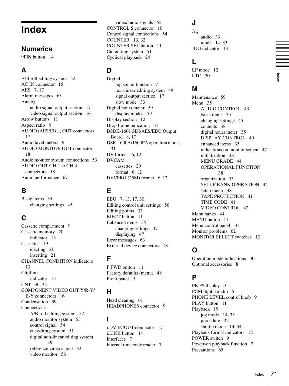 Index, Numerics | Sony 3-869-574-12(1) User Manual | Page 71 / 73