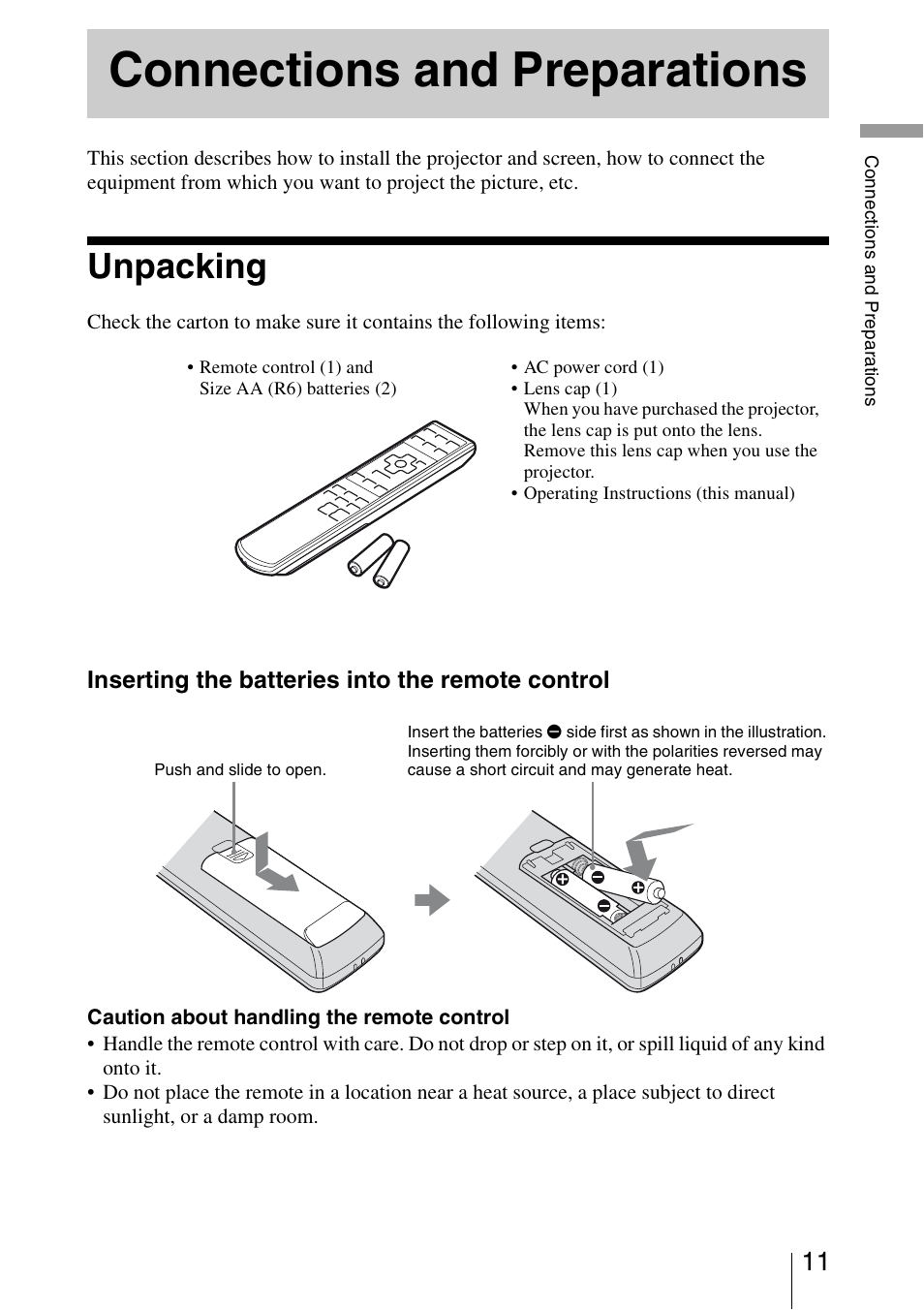 Connections and preparations, Unpacking | Sony BRAVIA VPL-HW10 User Manual | Page 11 / 80