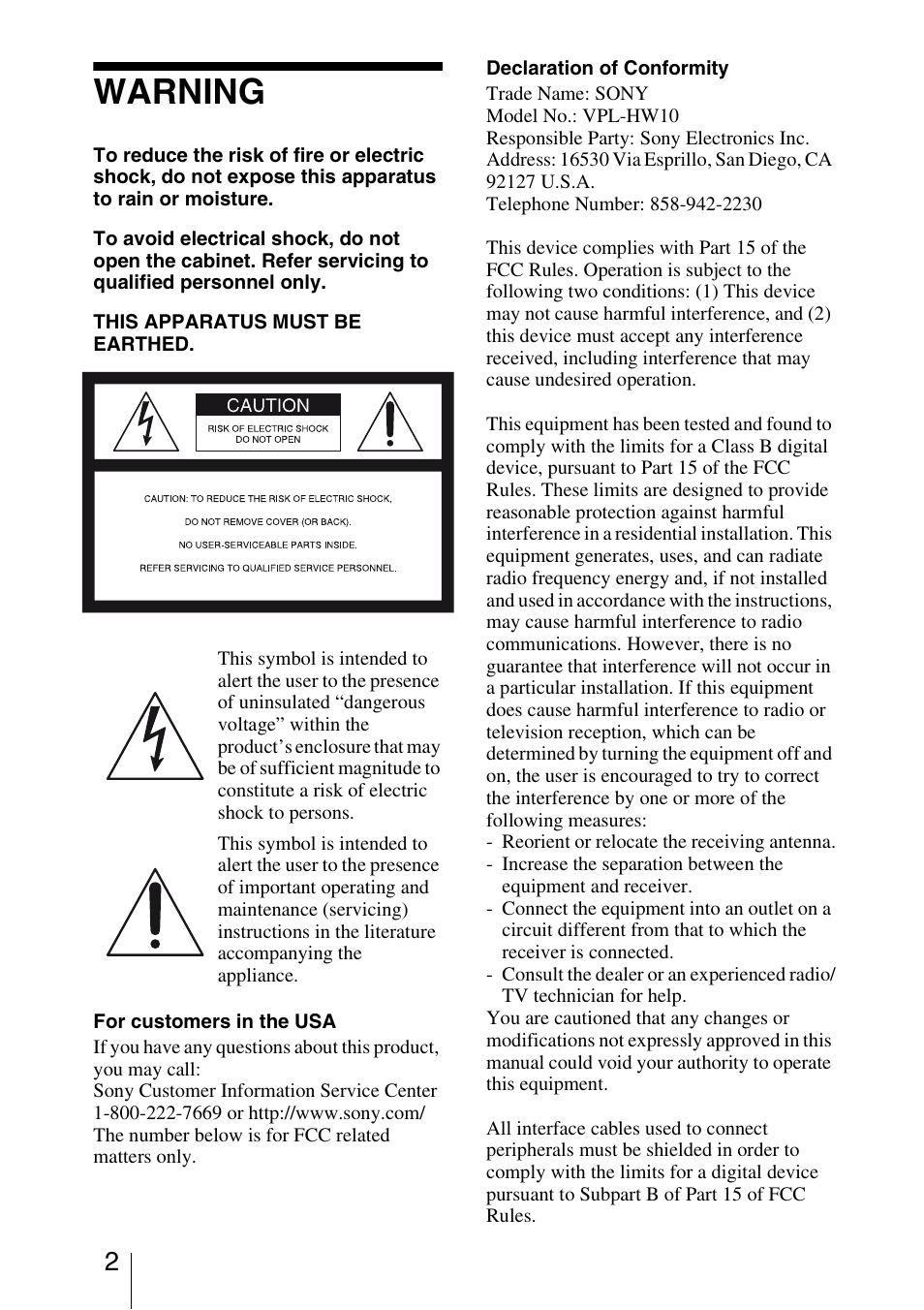 Warning | Sony BRAVIA VPL-HW10 User Manual | Page 2 / 80