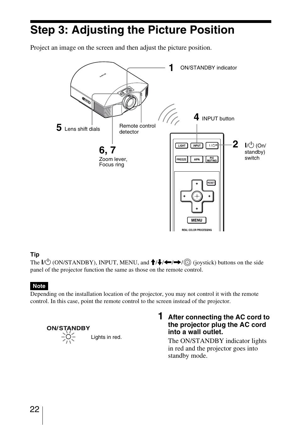 Step 3: adjusting the picture position, See “step 3: adjusting the picture position | Sony BRAVIA VPL-HW10 User Manual | Page 22 / 80