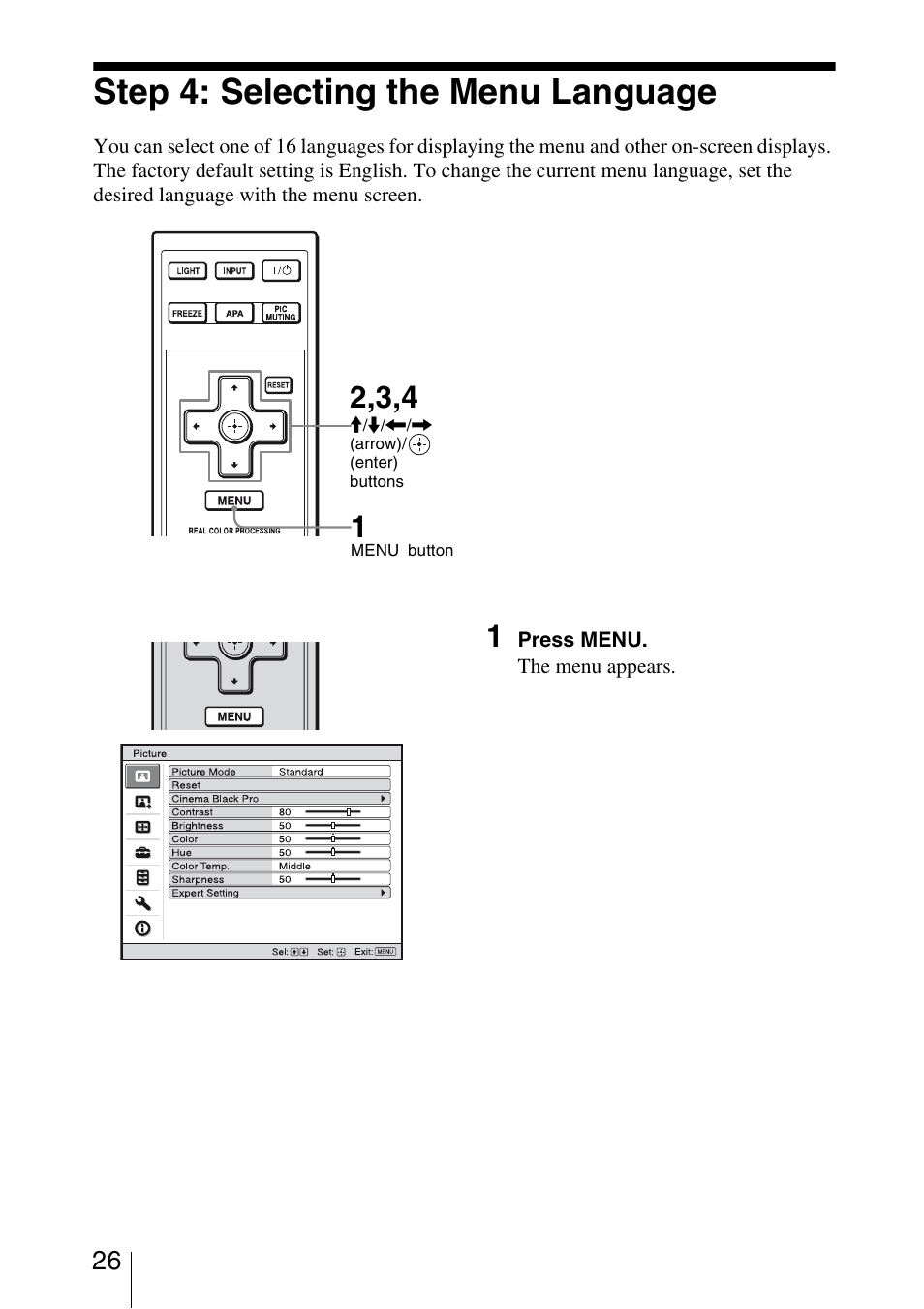 Step 4: selecting the menu language | Sony BRAVIA VPL-HW10 User Manual | Page 26 / 80