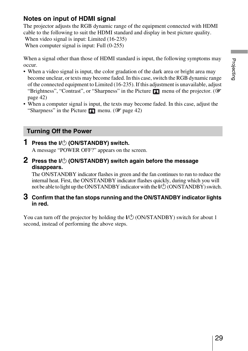 Turning off the power | Sony BRAVIA VPL-HW10 User Manual | Page 29 / 80