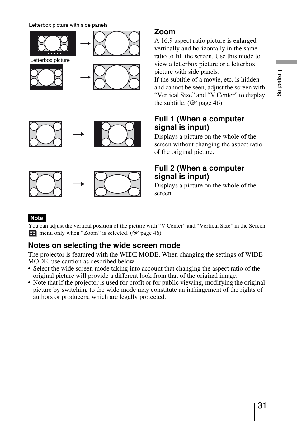 Zoom, Full 1 (when a computer signal is input), Full 2 (when a computer signal is input) | Sony BRAVIA VPL-HW10 User Manual | Page 31 / 80