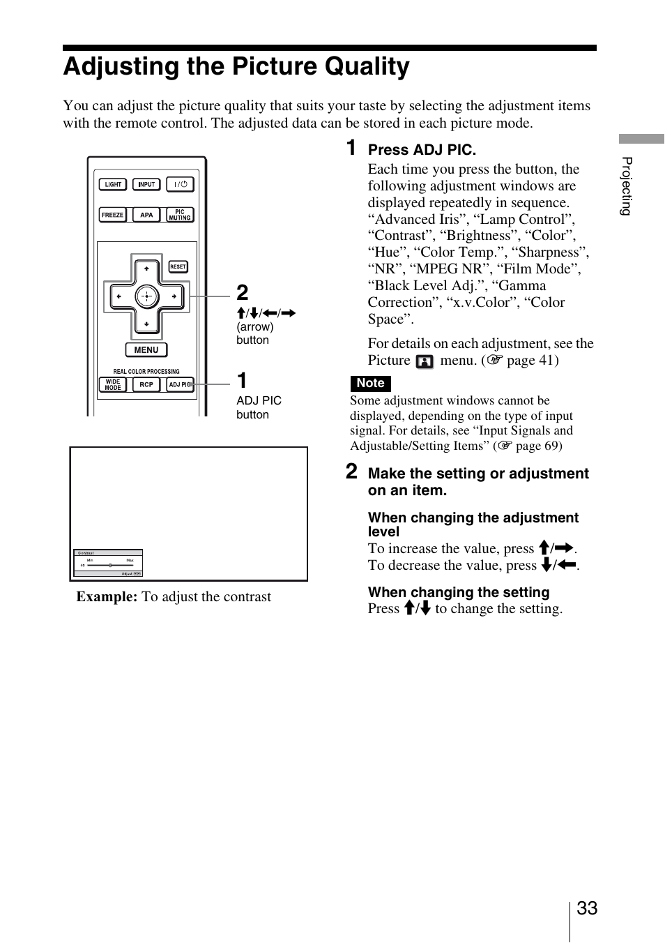 Adjusting the picture quality | Sony BRAVIA VPL-HW10 User Manual | Page 33 / 80