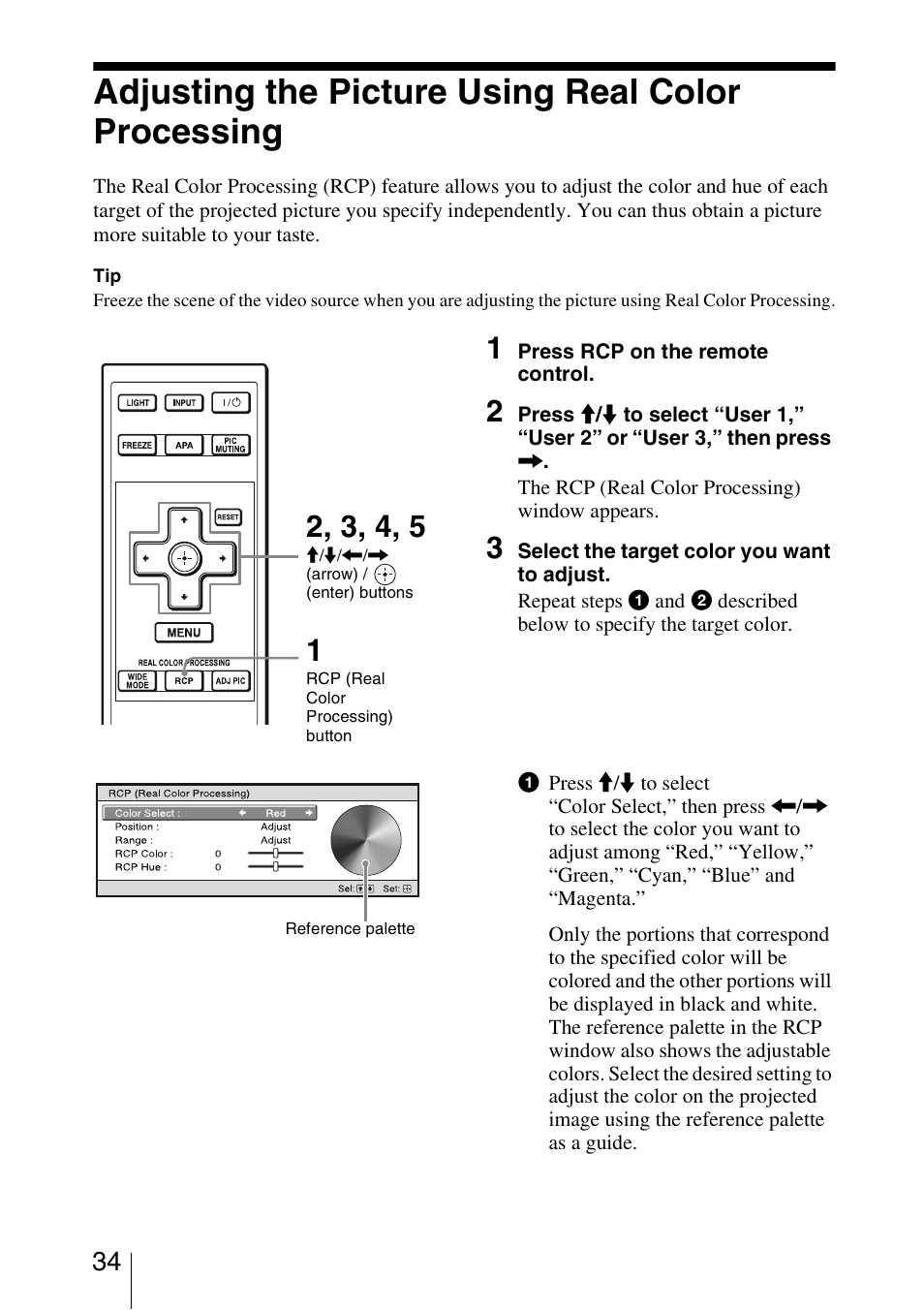 Adjusting the picture using real color processing | Sony BRAVIA VPL-HW10 User Manual | Page 34 / 80