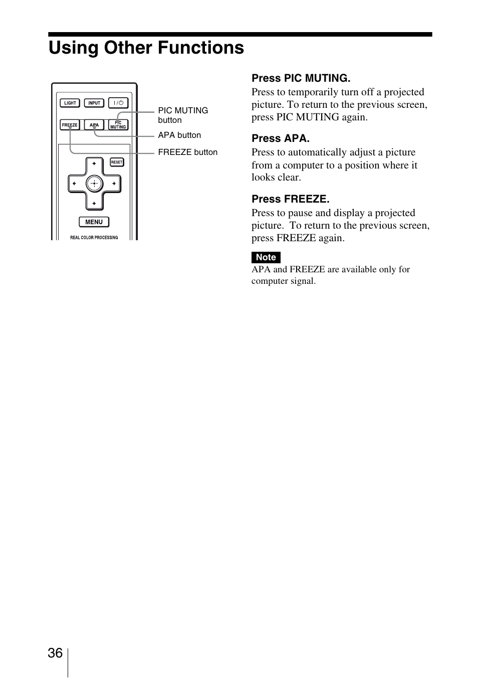 Using other functions | Sony BRAVIA VPL-HW10 User Manual | Page 36 / 80