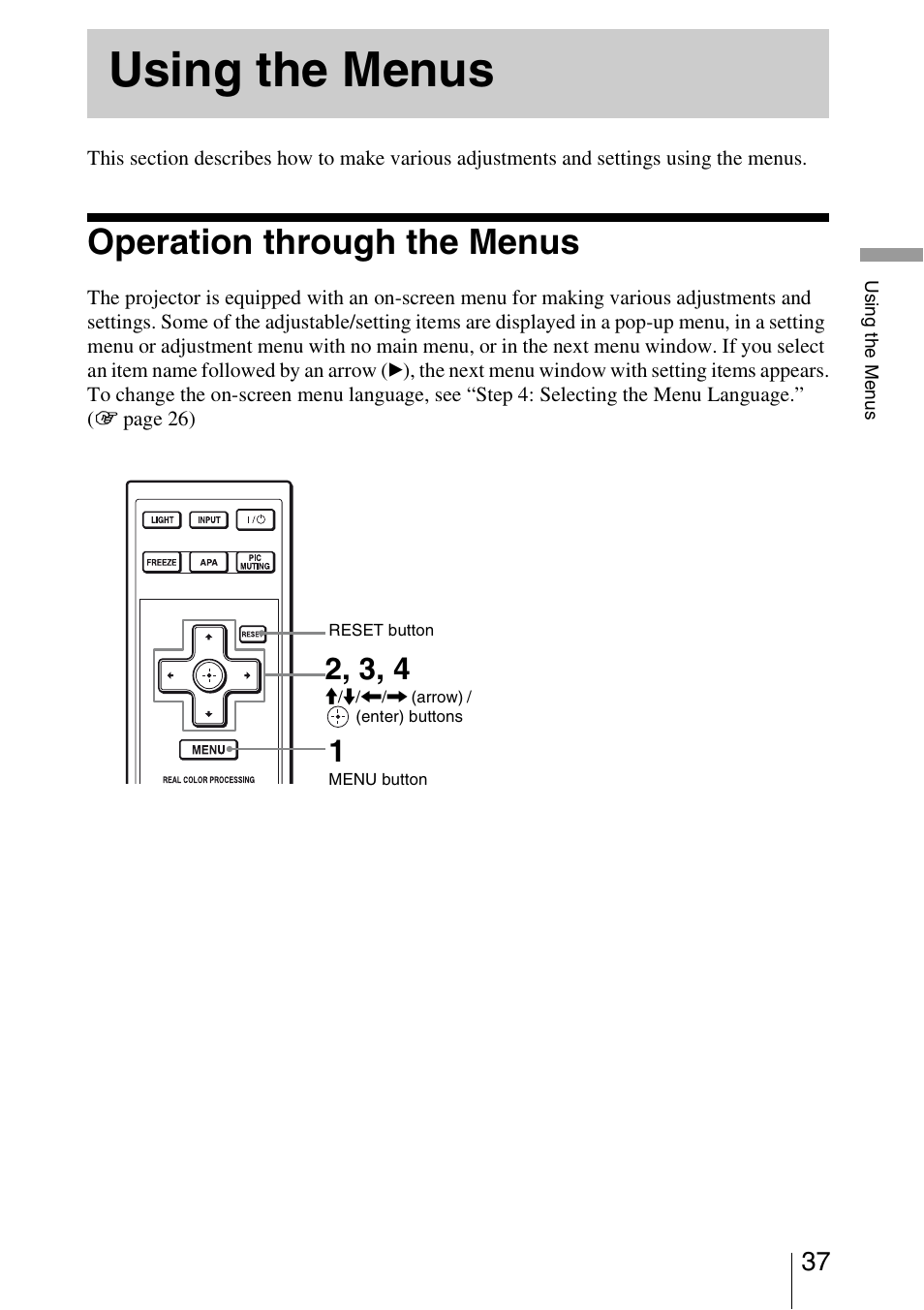 Using the menus, Operation through the menus | Sony BRAVIA VPL-HW10 User Manual | Page 37 / 80