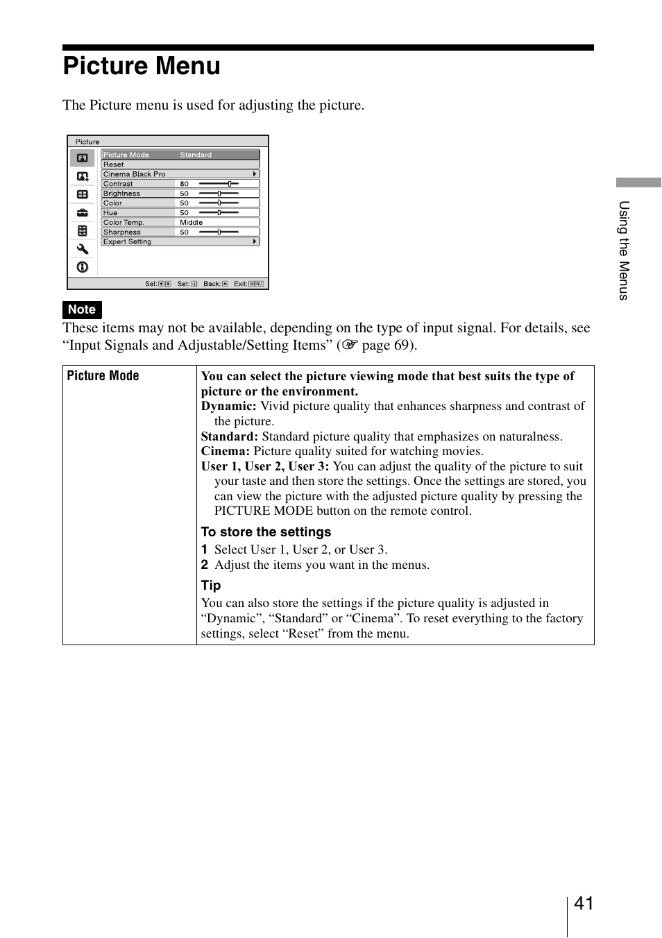 Picture menu | Sony BRAVIA VPL-HW10 User Manual | Page 41 / 80