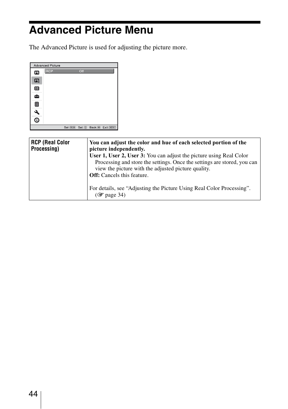 Advanced picture menu | Sony BRAVIA VPL-HW10 User Manual | Page 44 / 80