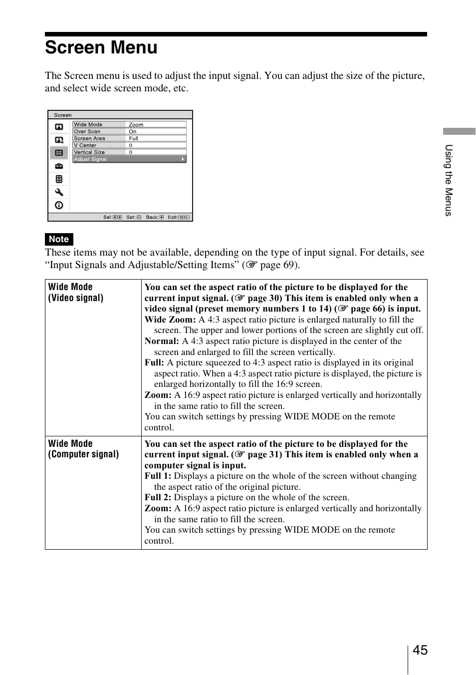 Screen menu | Sony BRAVIA VPL-HW10 User Manual | Page 45 / 80