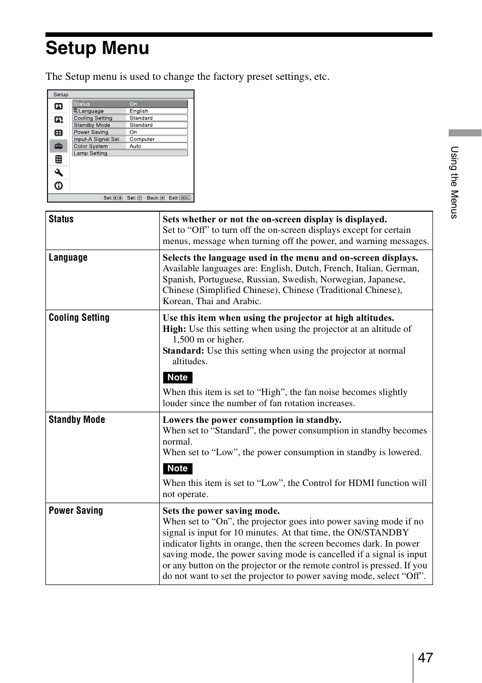 Setup menu | Sony BRAVIA VPL-HW10 User Manual | Page 47 / 80