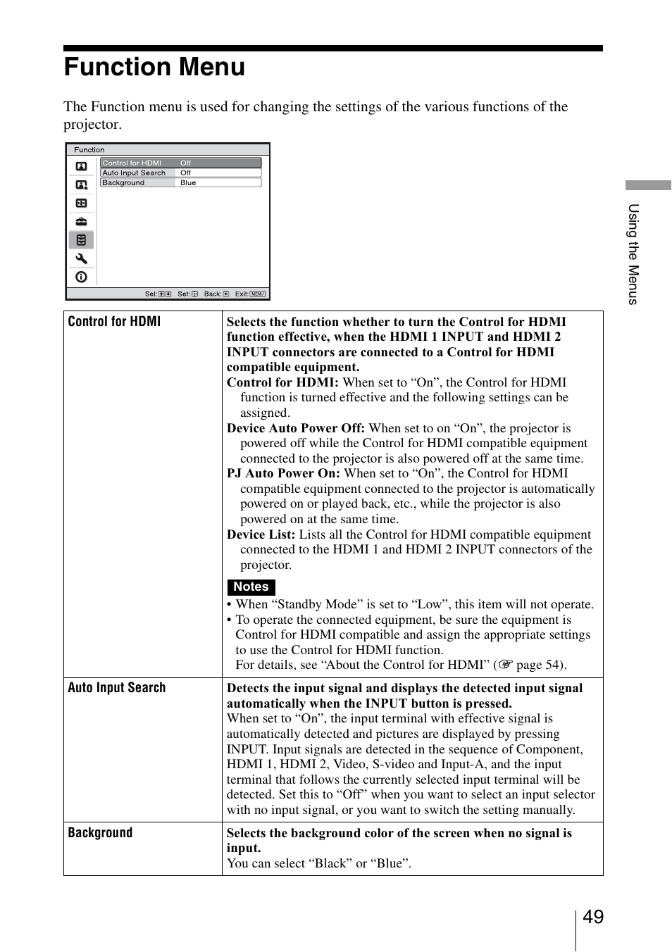 Function menu | Sony BRAVIA VPL-HW10 User Manual | Page 49 / 80