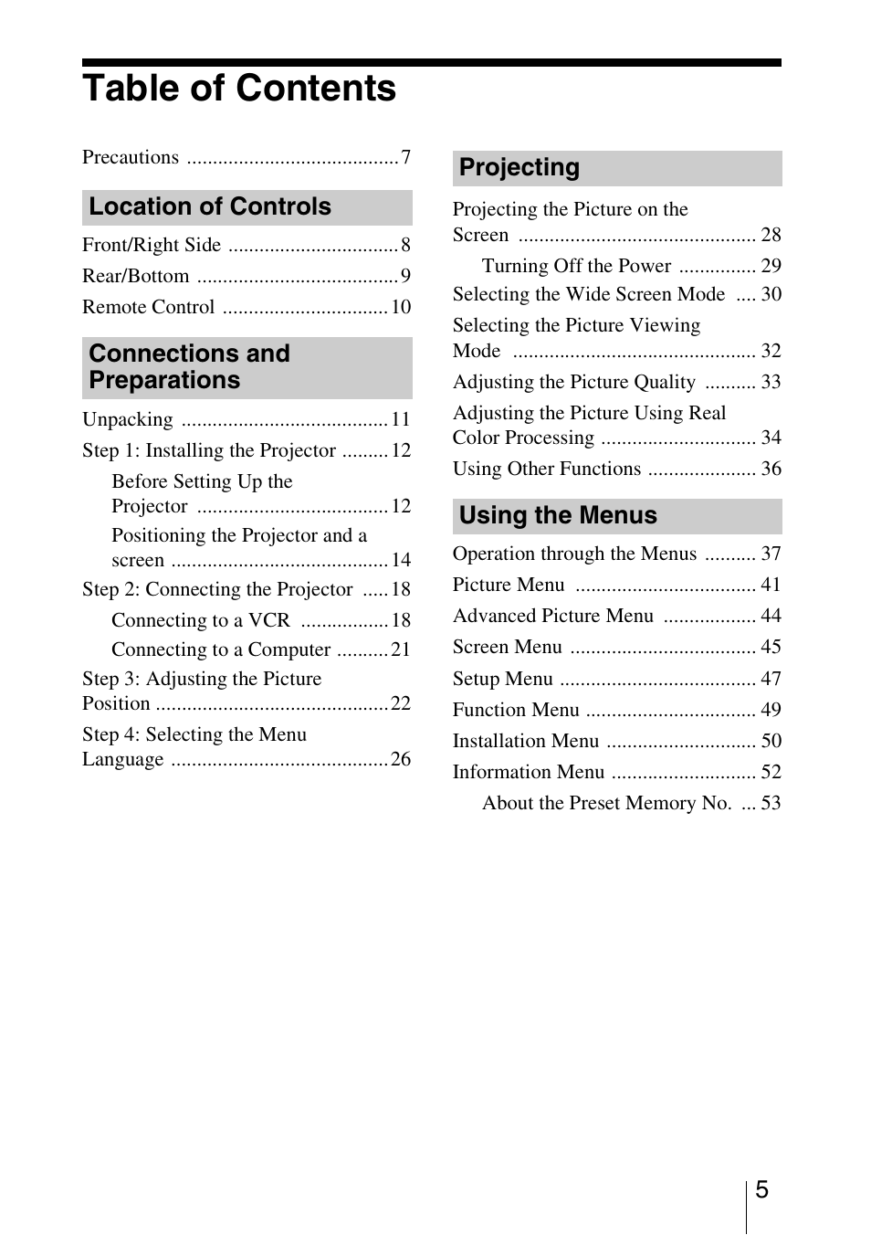 Sony BRAVIA VPL-HW10 User Manual | Page 5 / 80