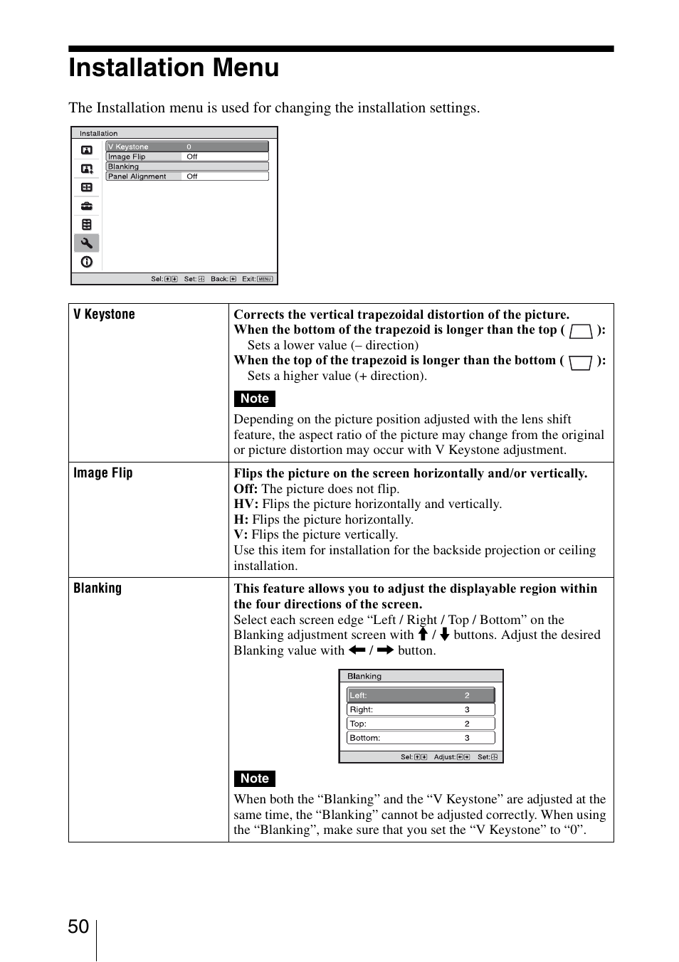 Installation menu | Sony BRAVIA VPL-HW10 User Manual | Page 50 / 80