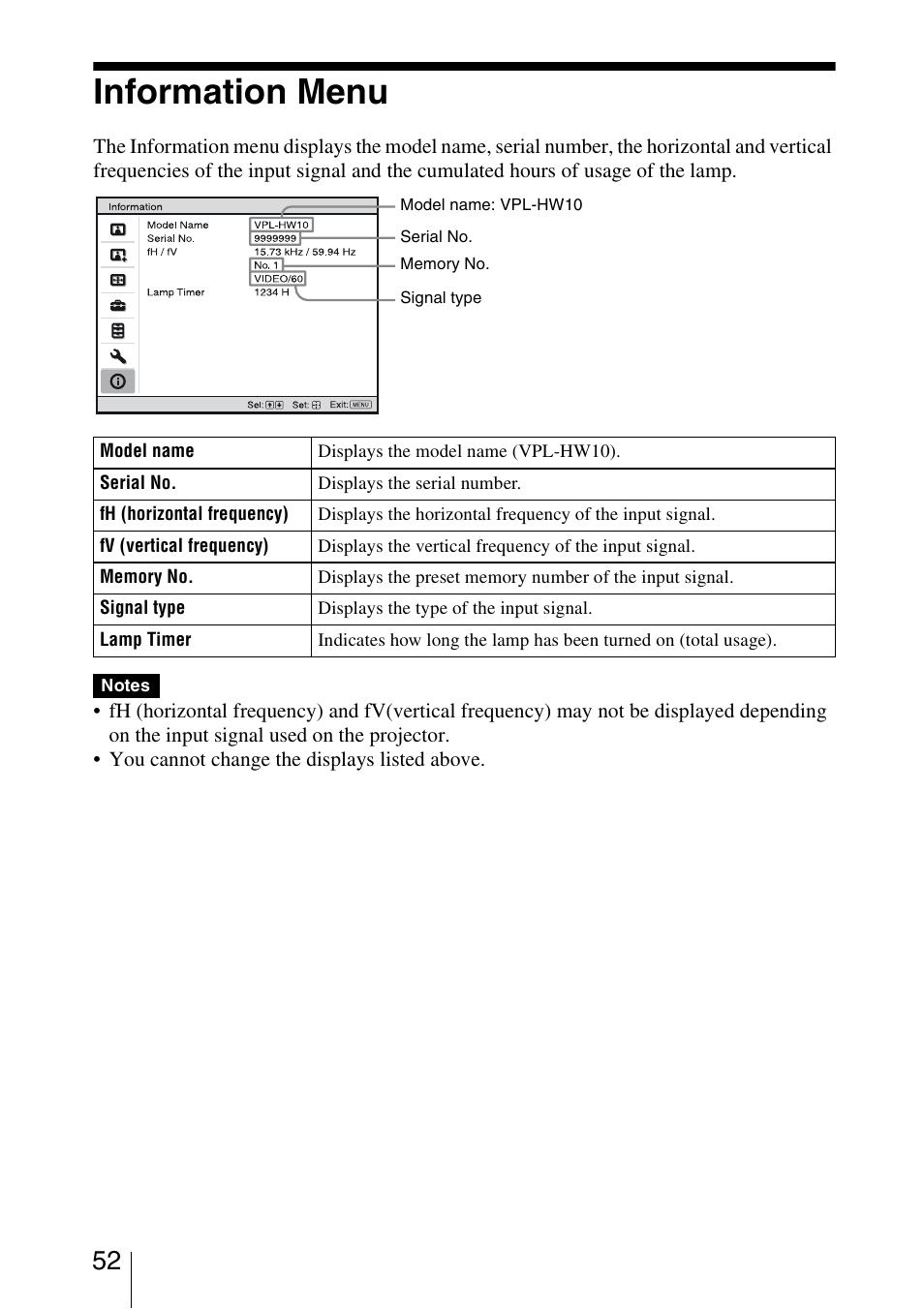 Information menu | Sony BRAVIA VPL-HW10 User Manual | Page 52 / 80