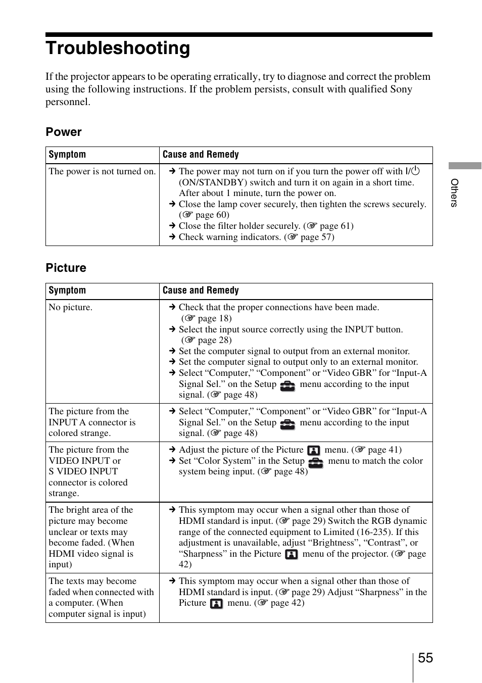 Troubleshooting, Power picture | Sony BRAVIA VPL-HW10 User Manual | Page 55 / 80