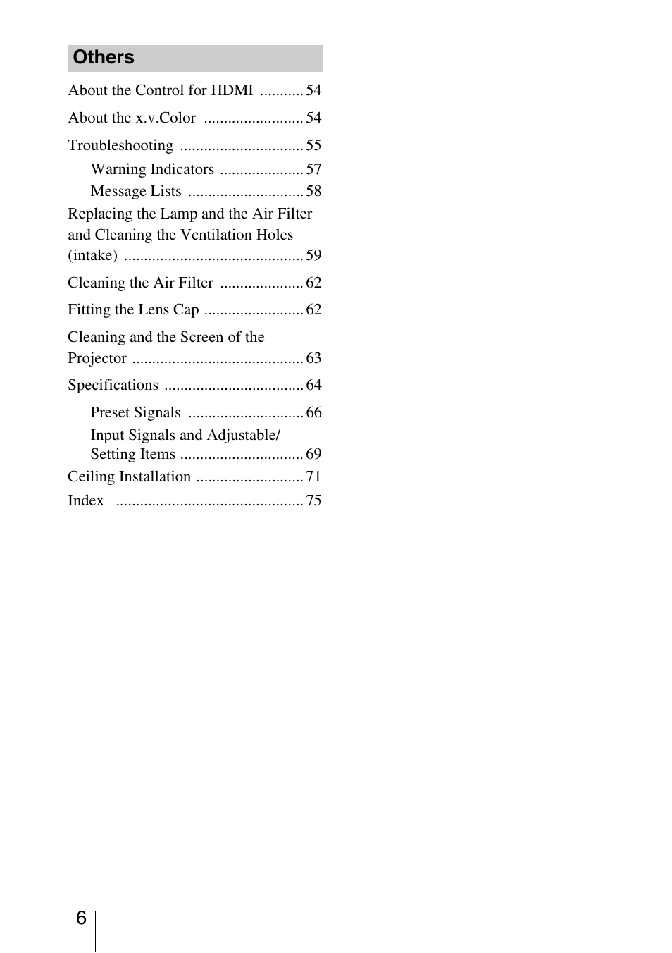 Others | Sony BRAVIA VPL-HW10 User Manual | Page 6 / 80