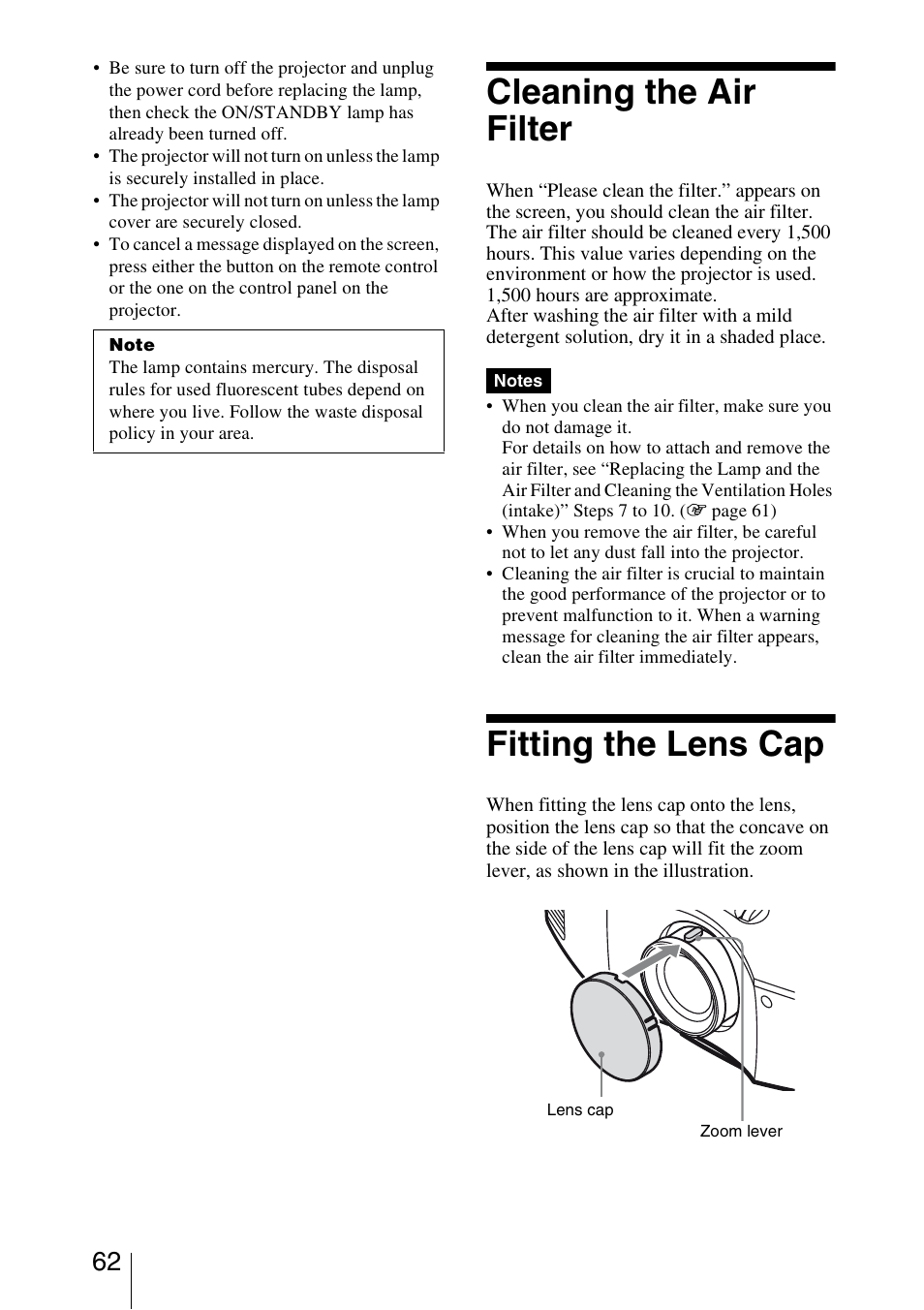 Cleaning the air filter, Fitting the lens cap | Sony BRAVIA VPL-HW10 User Manual | Page 62 / 80