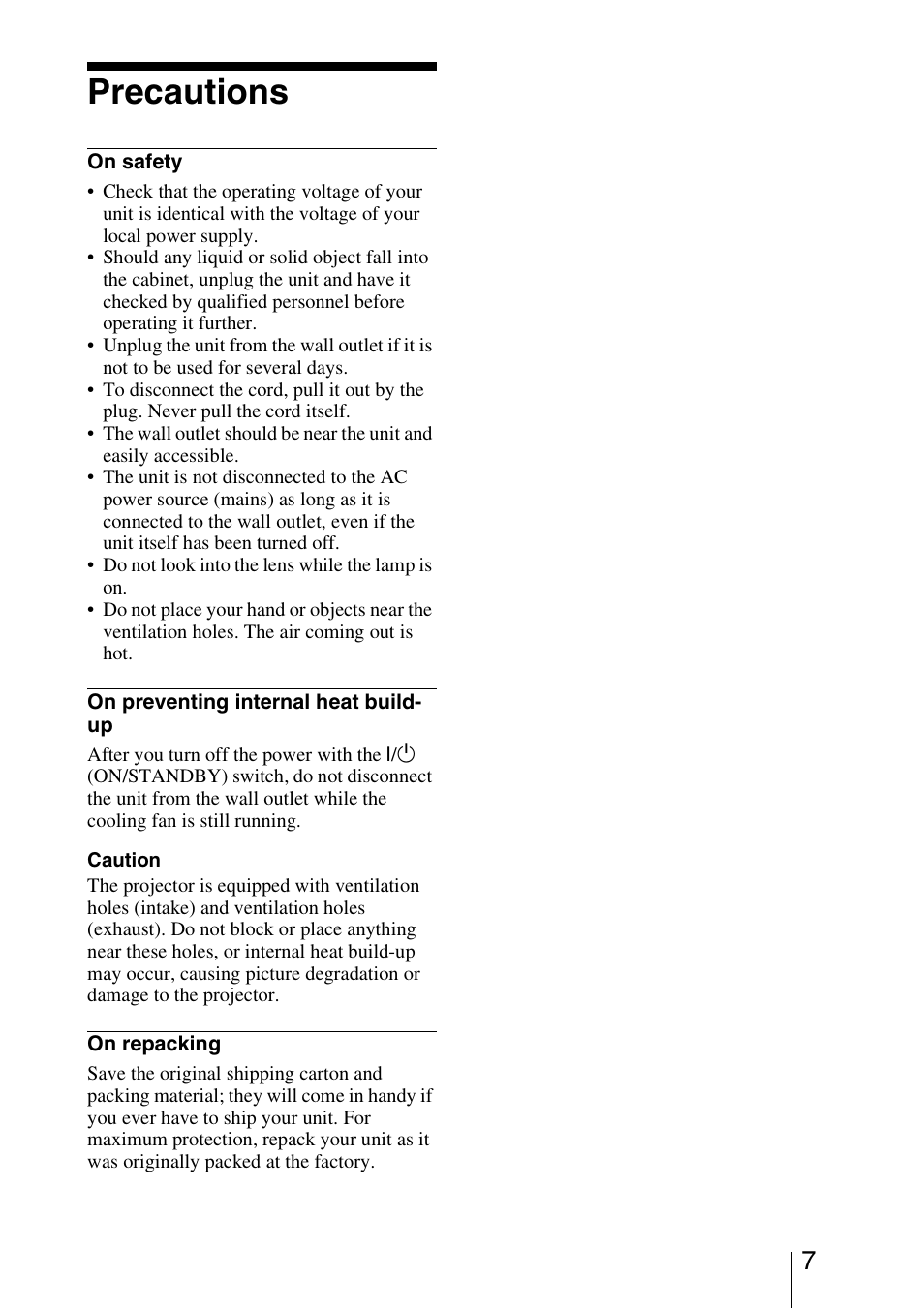 Precautions | Sony BRAVIA VPL-HW10 User Manual | Page 7 / 80