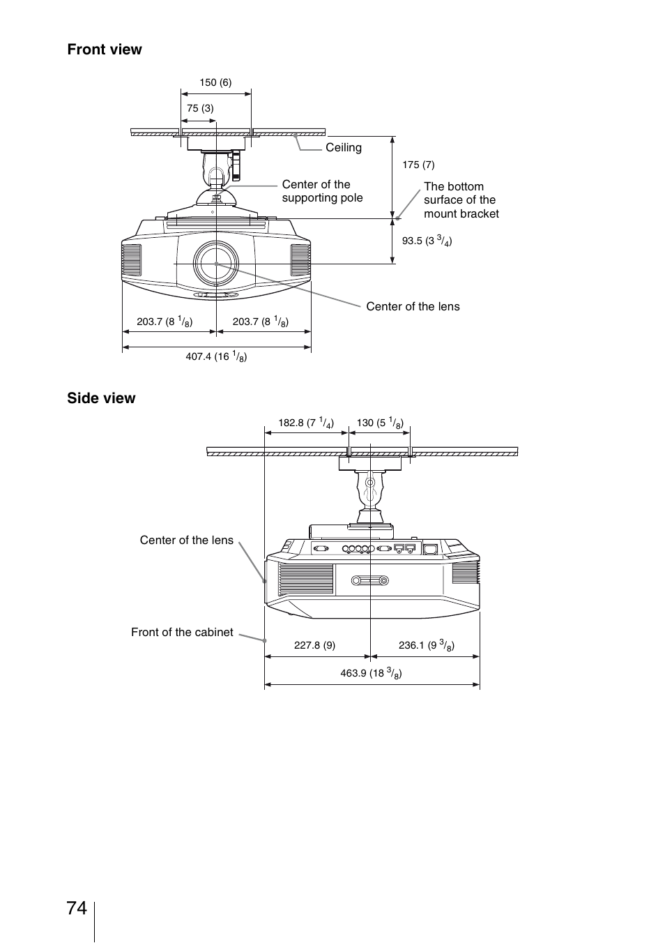 Front view side view | Sony BRAVIA VPL-HW10 User Manual | Page 74 / 80