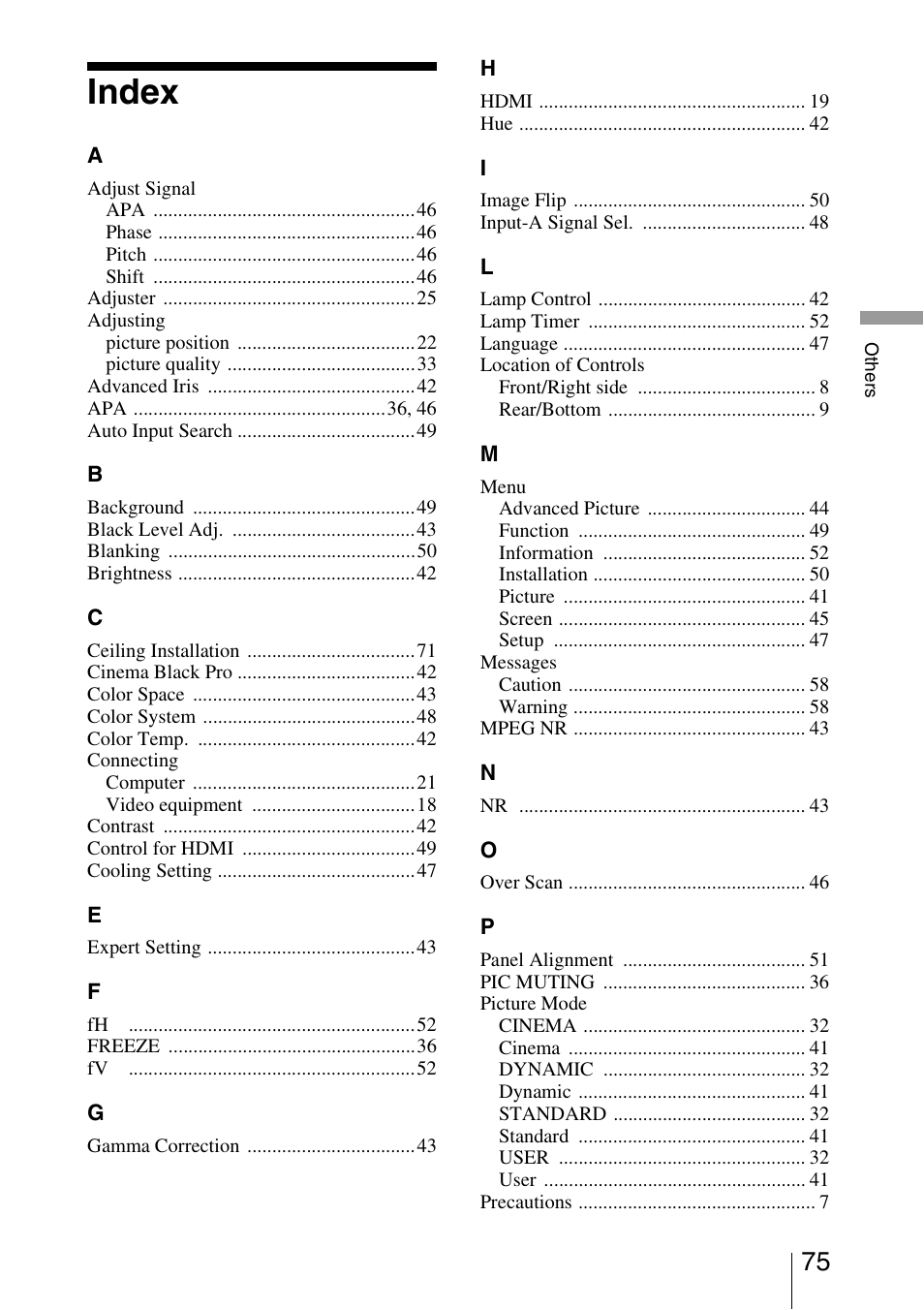 Index | Sony BRAVIA VPL-HW10 User Manual | Page 75 / 80