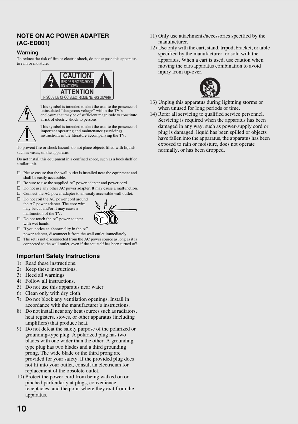 Caution, Attention | Sony XEL-1 User Manual | Page 10 / 52