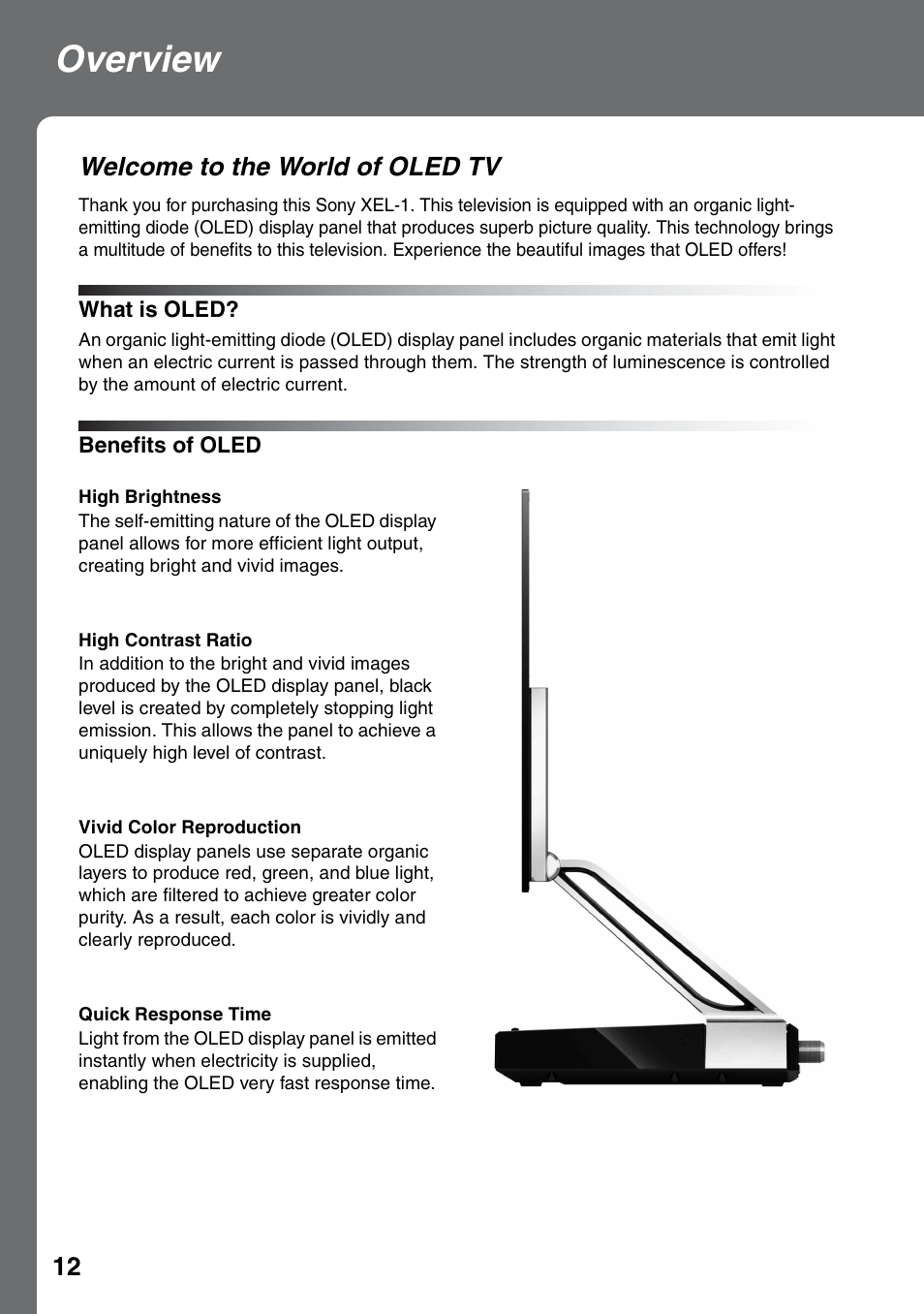 Overview, Welcome to the world of oled tv | Sony XEL-1 User Manual | Page 12 / 52