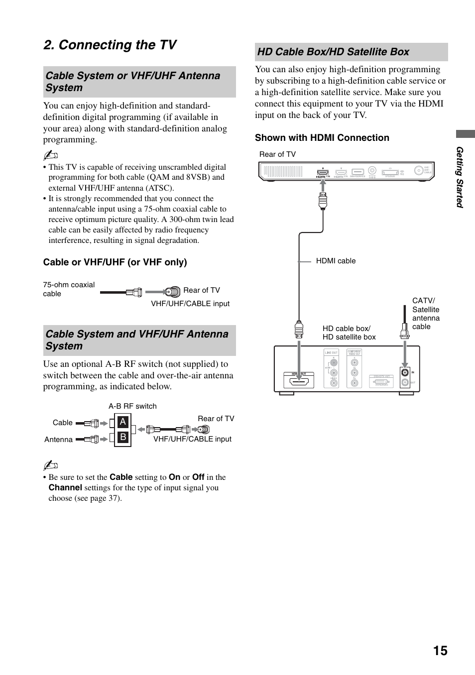 Connecting the tv, Cable system or vhf/uhf antenna system, Cable system and vhf/uhf antenna system | Hd cable box/hd satellite box, Cable system or vhf/uhf, Antenna system, Cable system and vhf/uhf | Sony XEL-1 User Manual | Page 15 / 52