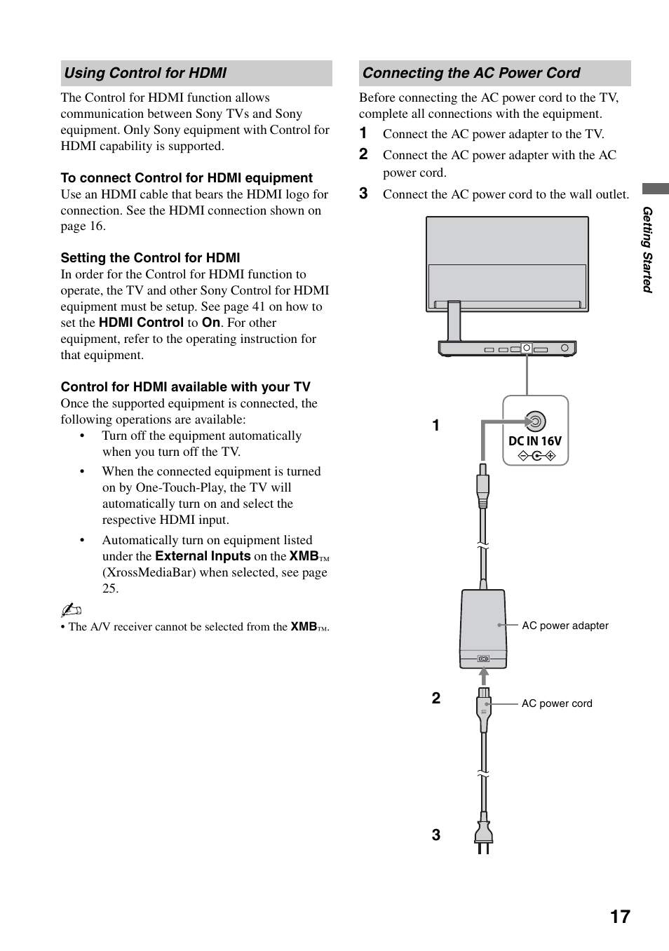 Using control for hdmi, Connecting the ac power cord | Sony XEL-1 User Manual | Page 17 / 52