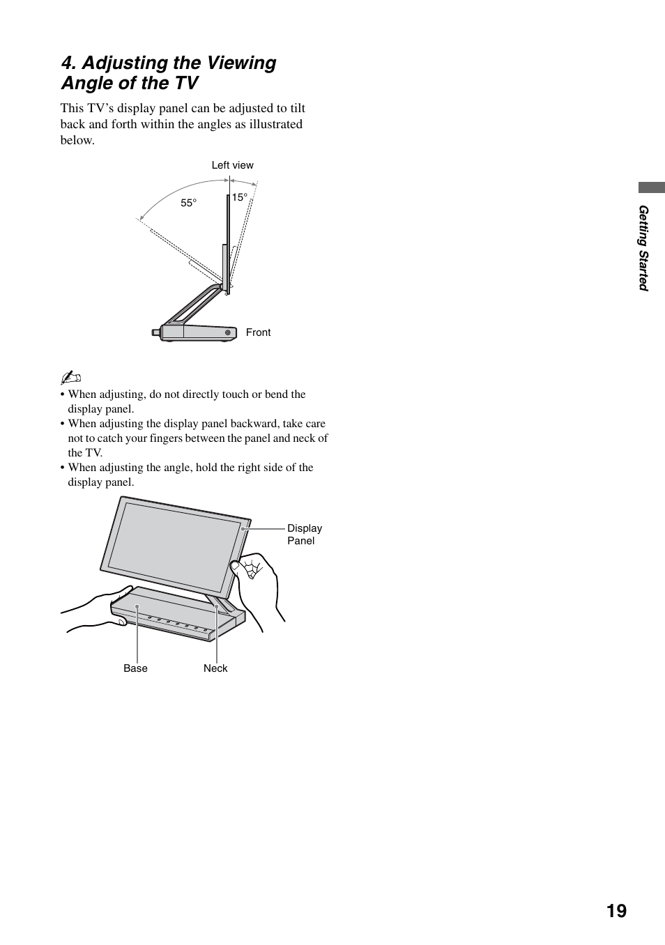 Adjusting the viewing angle of the tv | Sony XEL-1 User Manual | Page 19 / 52