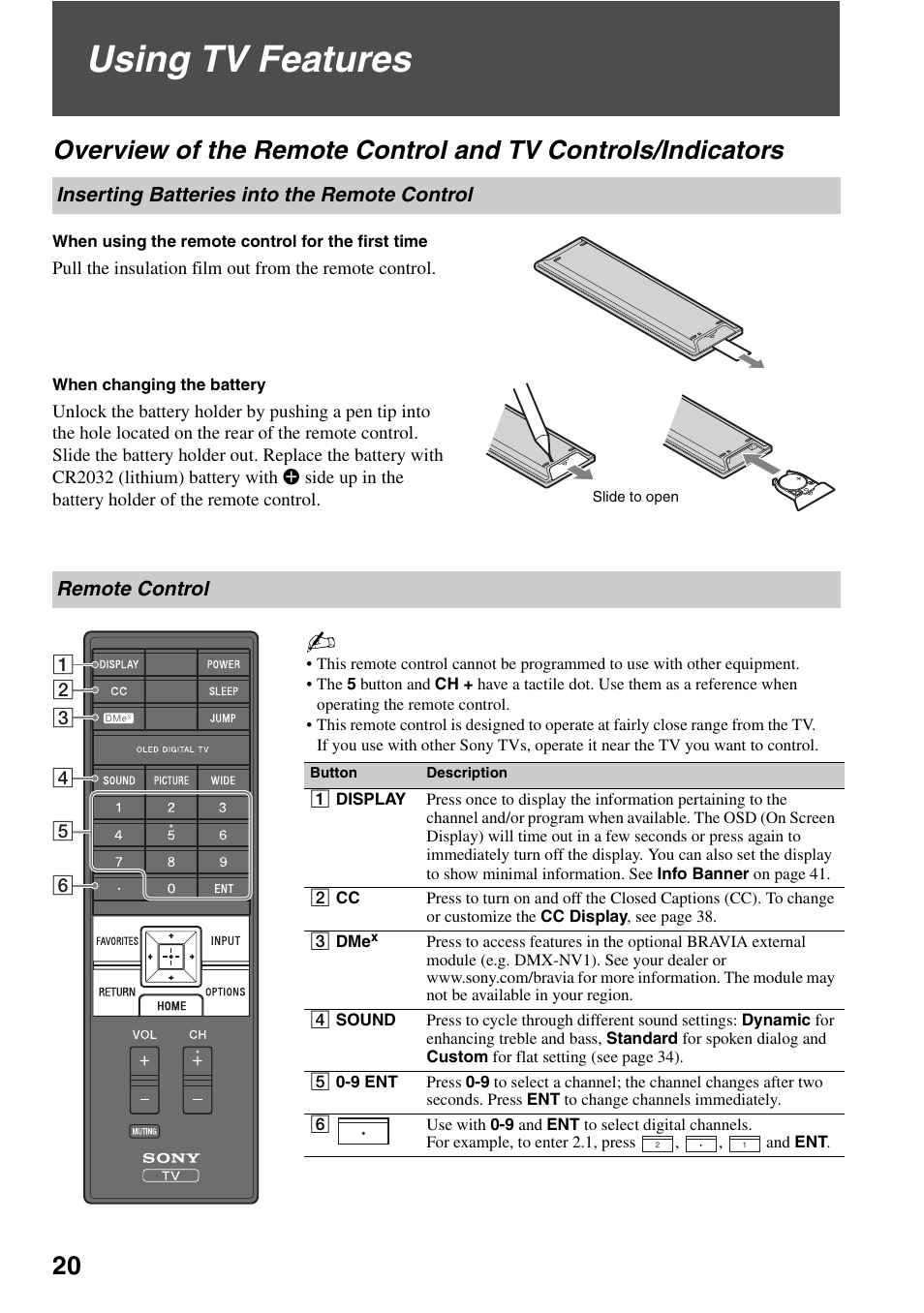 Using tv features, Inserting batteries into the remote control, Remote control | Overview of the remote control and tv, Controls/indicators, Inserting batteries into the remote, Control | Sony XEL-1 User Manual | Page 20 / 52