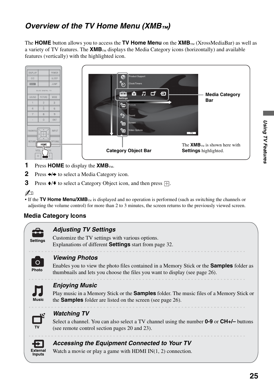 Overview of the tv home menu (xmb™), Overview of the tv home menu (xmb | Sony XEL-1 User Manual | Page 25 / 52