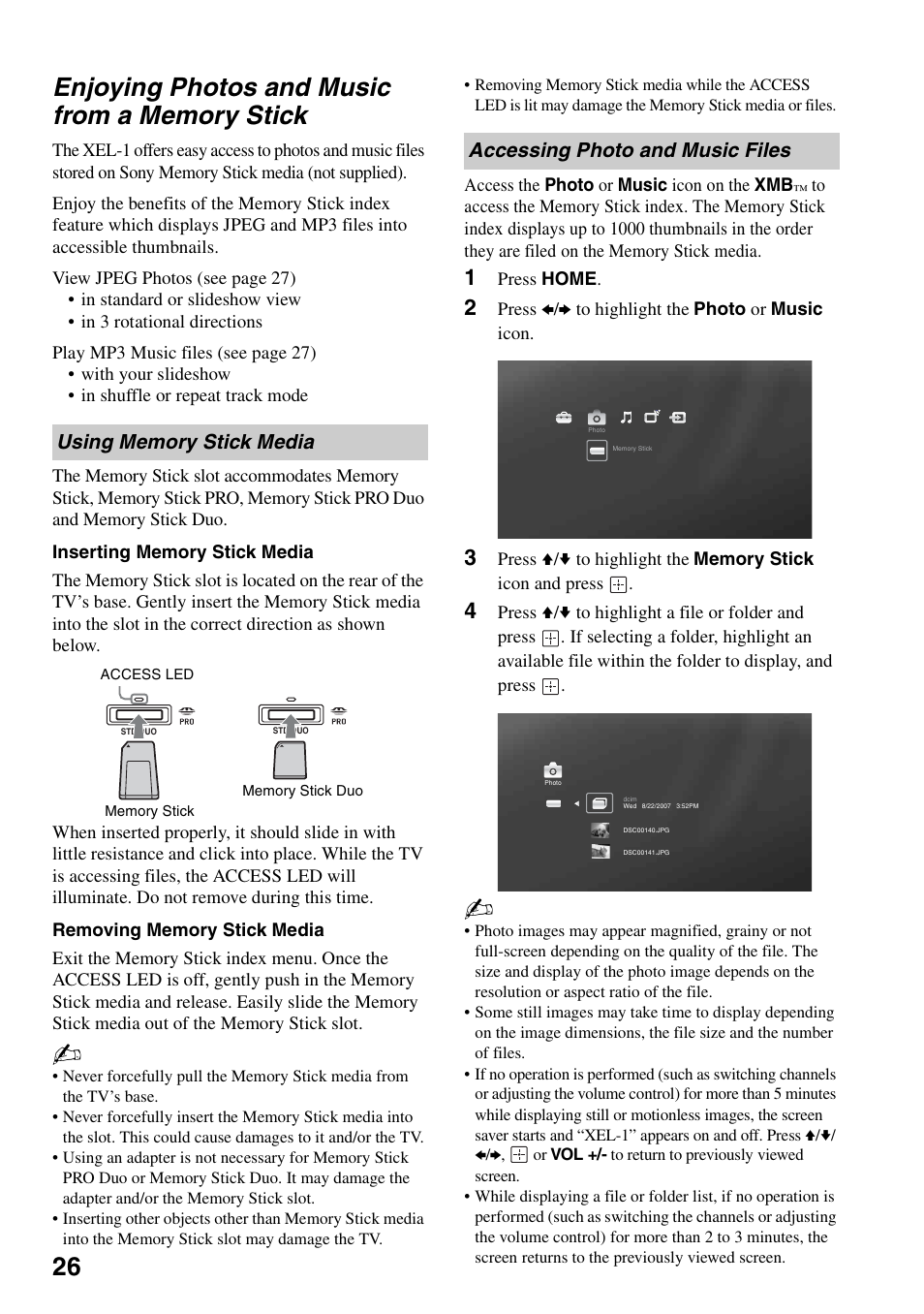 Enjoying photos and music from a memory stick, Using memory stick media, Accessing photo and music files | Enjoying photos and music, From a memory stick | Sony XEL-1 User Manual | Page 26 / 52