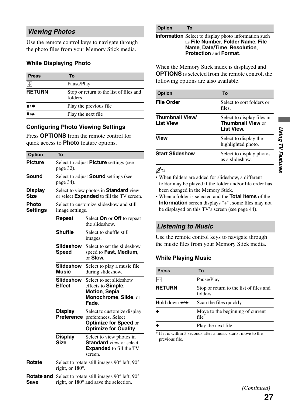 Viewing photos, Listening to music, Viewing photos listening to music | Sony XEL-1 User Manual | Page 27 / 52