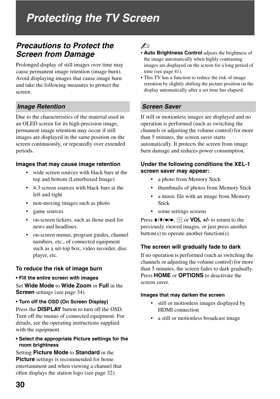 Protecting the tv screen, Precautions to protect the screen from damage, Image retention | Screen saver, Precautions to protect the screen, From damage, Image retention screen saver | Sony XEL-1 User Manual | Page 30 / 52