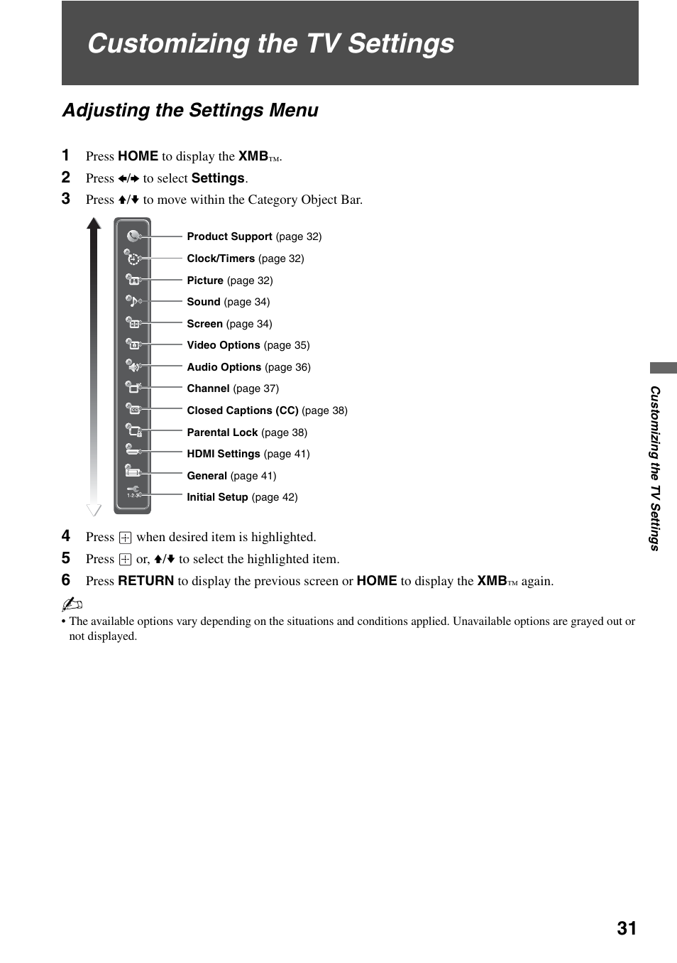 Customizing the tv settings, Adjusting the settings menu | Sony XEL-1 User Manual | Page 31 / 52