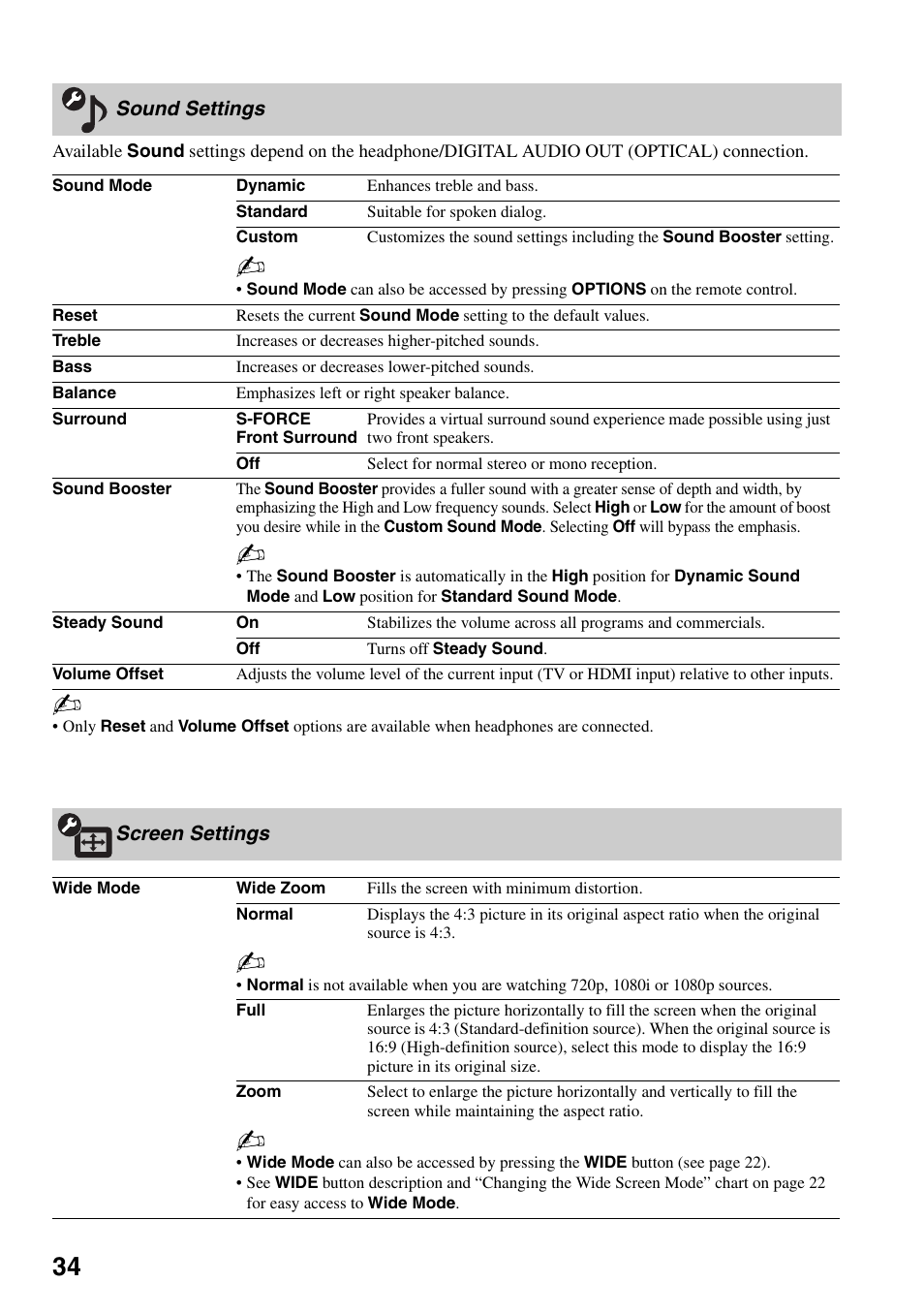 Sound settings, Screen settings, Sound settings screen settings | Nd 34 | Sony XEL-1 User Manual | Page 34 / 52