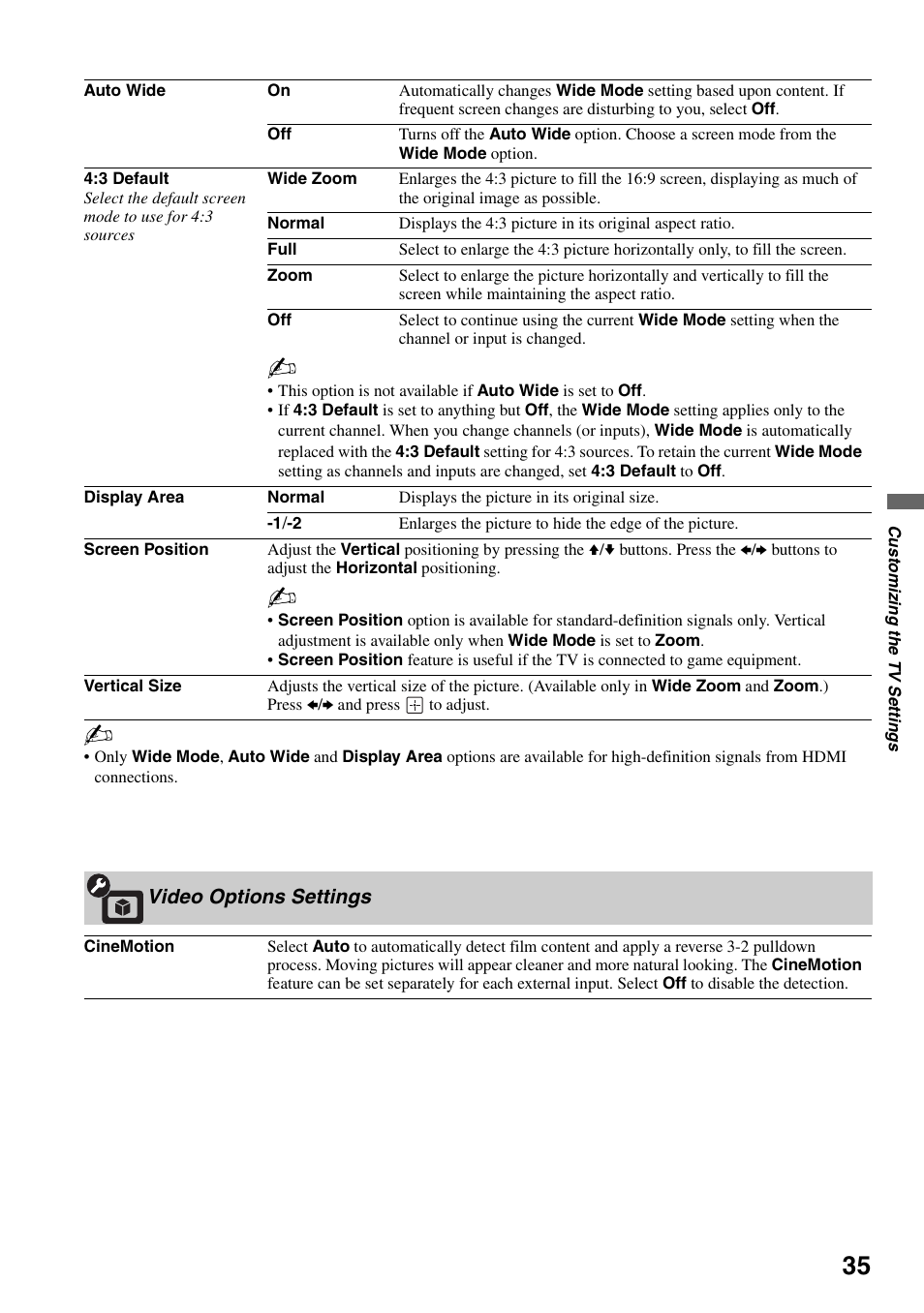 Video options settings | Sony XEL-1 User Manual | Page 35 / 52